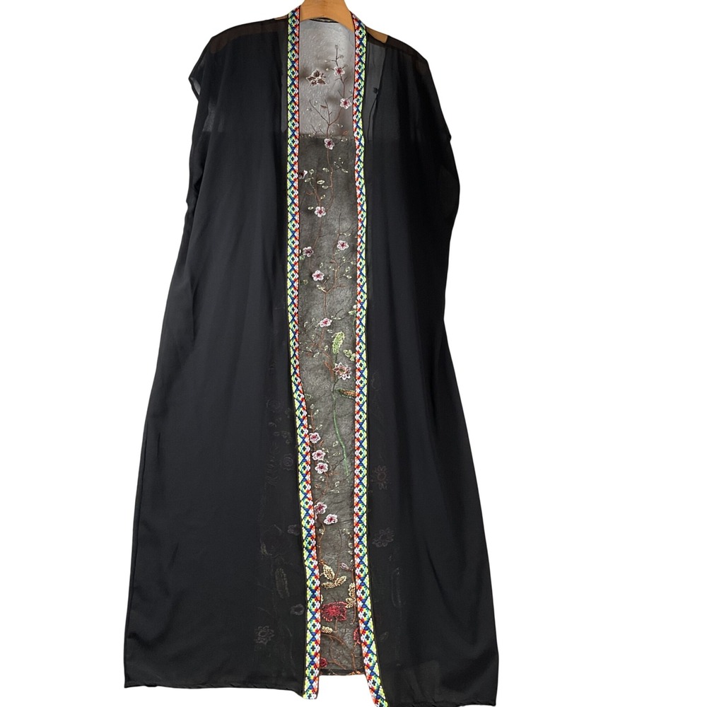 Black Sheer‎ Embroidered Floral Butterfly Duster Kimono Maxi Cardigan Boho